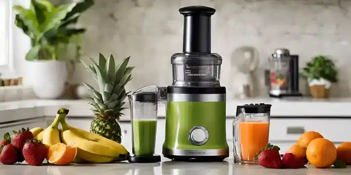 a juicer and fruit on a counter